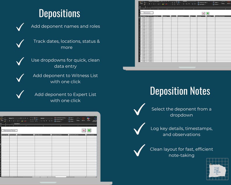 Op de afbeelding: Een teal achtergrond met witte tekst die de kenmerken van een tool voor het afnemen van getuigenverklaringen beschrijft. De afbeelding toont twee laptops met spreadsheets. Functies zijn onder meer het toevoegen van namen van getuigen en gegevensinvoer.