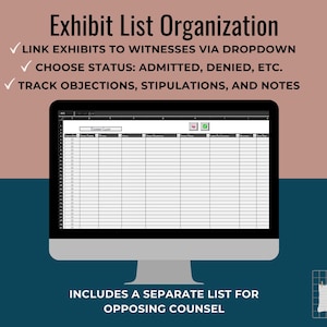 Op de afbeelding: Een computermonitor toont een spreadsheet met de titel "Exhibit List" met kolommen voor verschillende gegevenspunten. De tekst bovenaan luidt "Exhibit List Organization" en geeft functies weer zoals het koppelen van exposities en het volgen van bezwaren. De tekst onderaan luidt "INCLUDES A SEPARATE LIST FOR OPPOSING COUNSEL."
