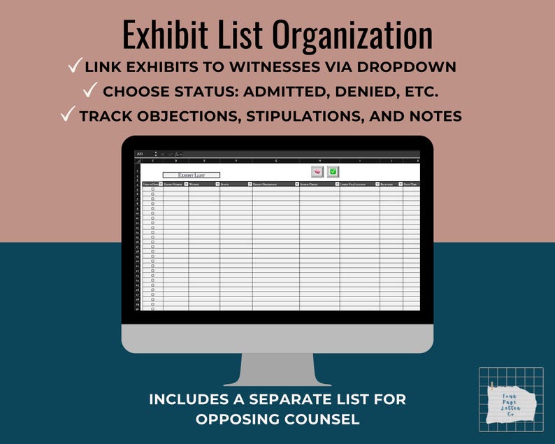 Op de afbeelding: Een computermonitor toont een spreadsheet met de titel "Exhibit List" met kolommen voor verschillende gegevenspunten. De tekst bovenaan luidt "Exhibit List Organization" en geeft functies weer zoals het koppelen van exposities en het volgen van bezwaren. De tekst onderaan luidt "INCLUDES A SEPARATE LIST FOR OPPOSING COUNSEL."