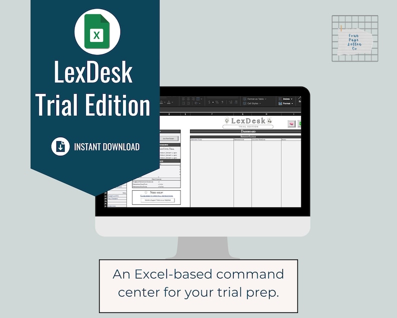 Op de afbeelding: Een computermonitor toont een Excel-spreadsheet met de titel "LexDesk Trial Edition". Een turquoise banner aan de linkerkant toont "LexDesk Trial Edition" en "Direct downloaden". Onder de monitor staat de tekst: "Een op Excel gebaseerd commandocentrum voor uw procesvoorbereiding."
