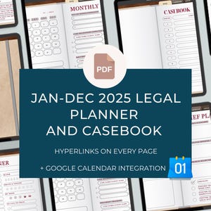2025 Hyperlinked Legal Planner and Casebook for Google Calendar | Digital Planner for Lawyers, Paralegals, Legal Professionals | PDF Planner