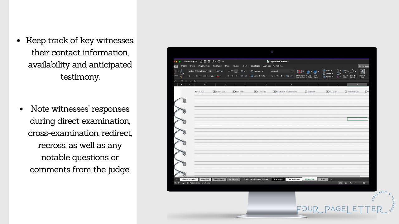 Digital Trial Binder/excel Workbook for Legal Professionals Trial Prep
