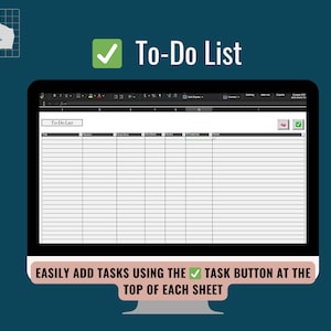 Op de afbeelding: Een computermonitor toont een digitale takenlijstsjabloon. De woorden "To-Do List" staan bovenaan. De tekst "EASILY ADD TASKS USING THE TASK BUTTON AT THE TOP OF EACH SHEET" staat onderaan. Een groen vinkje is zichtbaar.