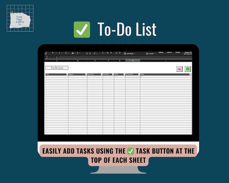 Op de afbeelding: Een computermonitor toont een digitale takenlijstsjabloon. De woorden "To-Do List" staan bovenaan. De tekst "EASILY ADD TASKS USING THE TASK BUTTON AT THE TOP OF EACH SHEET" staat onderaan. Een groen vinkje is zichtbaar.