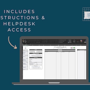 Op de afbeelding: Een laptopscherm toont een spreadsheet met de tekst "LexDesk 4". Het scherm is wit met zwarte tekst en grijze randen. De afbeelding bevat de tekst "INCLUDES INSTRUCTIONS & HELPDESK ACCESS" in witte letters op een donkerblauwe achtergrond.