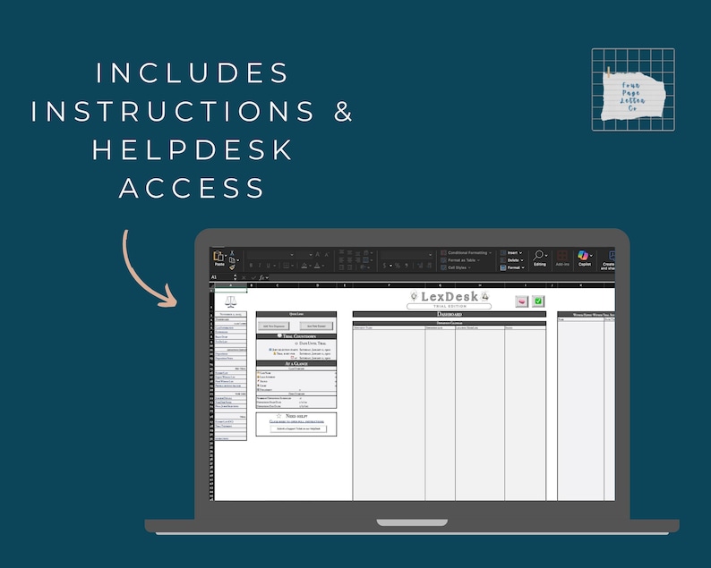 Op de afbeelding: Een laptopscherm toont een spreadsheet met de tekst "LexDesk 4". Het scherm is wit met zwarte tekst en grijze randen. De afbeelding bevat de tekst "INCLUDES INSTRUCTIONS & HELPDESK ACCESS" in witte letters op een donkerblauwe achtergrond.
