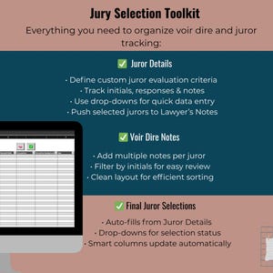 Op de afbeelding: Een computermonitor toont een spreadsheet. De afbeelding bevat de tekst: "Jury Selection Toolkit" en informatie voor het organiseren van voir dire en juryleden tracking. Bevat juryleden details, voir dire notities en definitieve juryleden selecties.