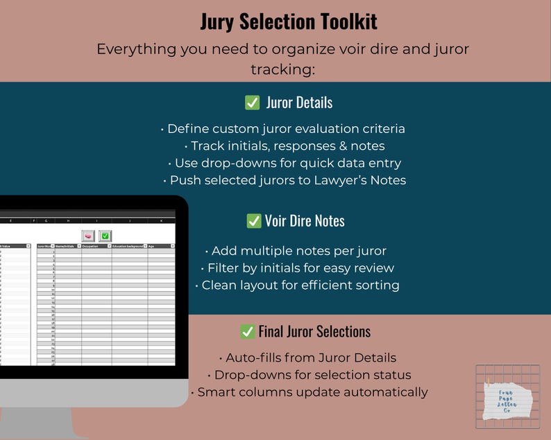 Op de afbeelding: Een computermonitor toont een spreadsheet. De afbeelding bevat de tekst: "Jury Selection Toolkit" en informatie voor het organiseren van voir dire en juryleden tracking. Bevat juryleden details, voir dire notities en definitieve juryleden selecties.