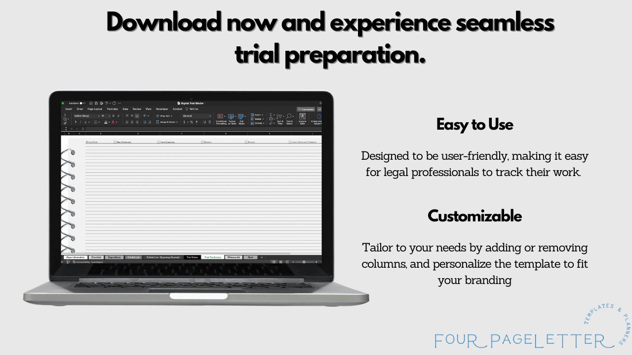 Digital Trial Binder/excel Workbook for Legal Professionals Trial Prep
