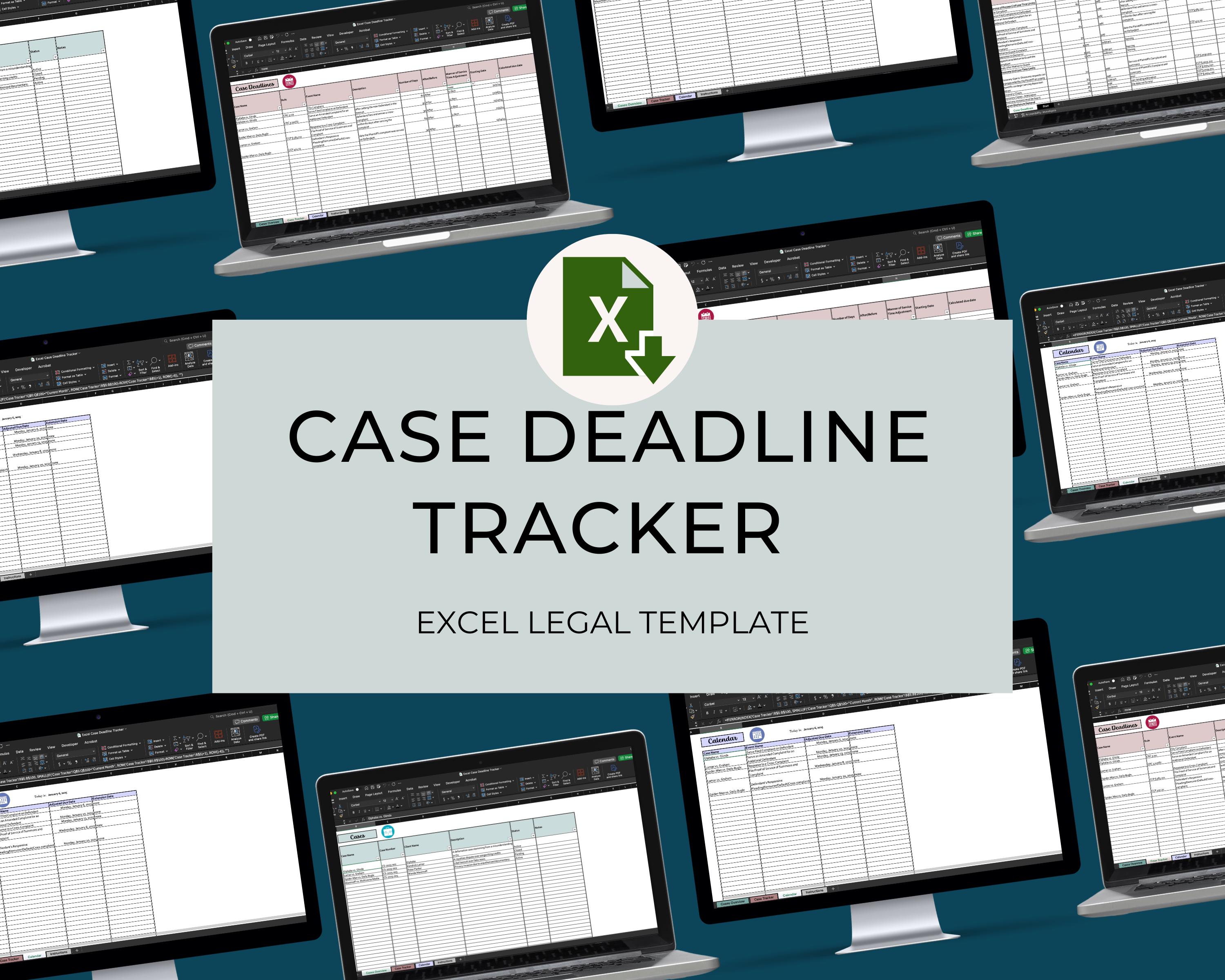 Legal Case Deadline Tracker Excel | Excel Case Deadline Planner for Paralegals, Lawyers, Legal Assistants | Track Case Deadlines in Excel