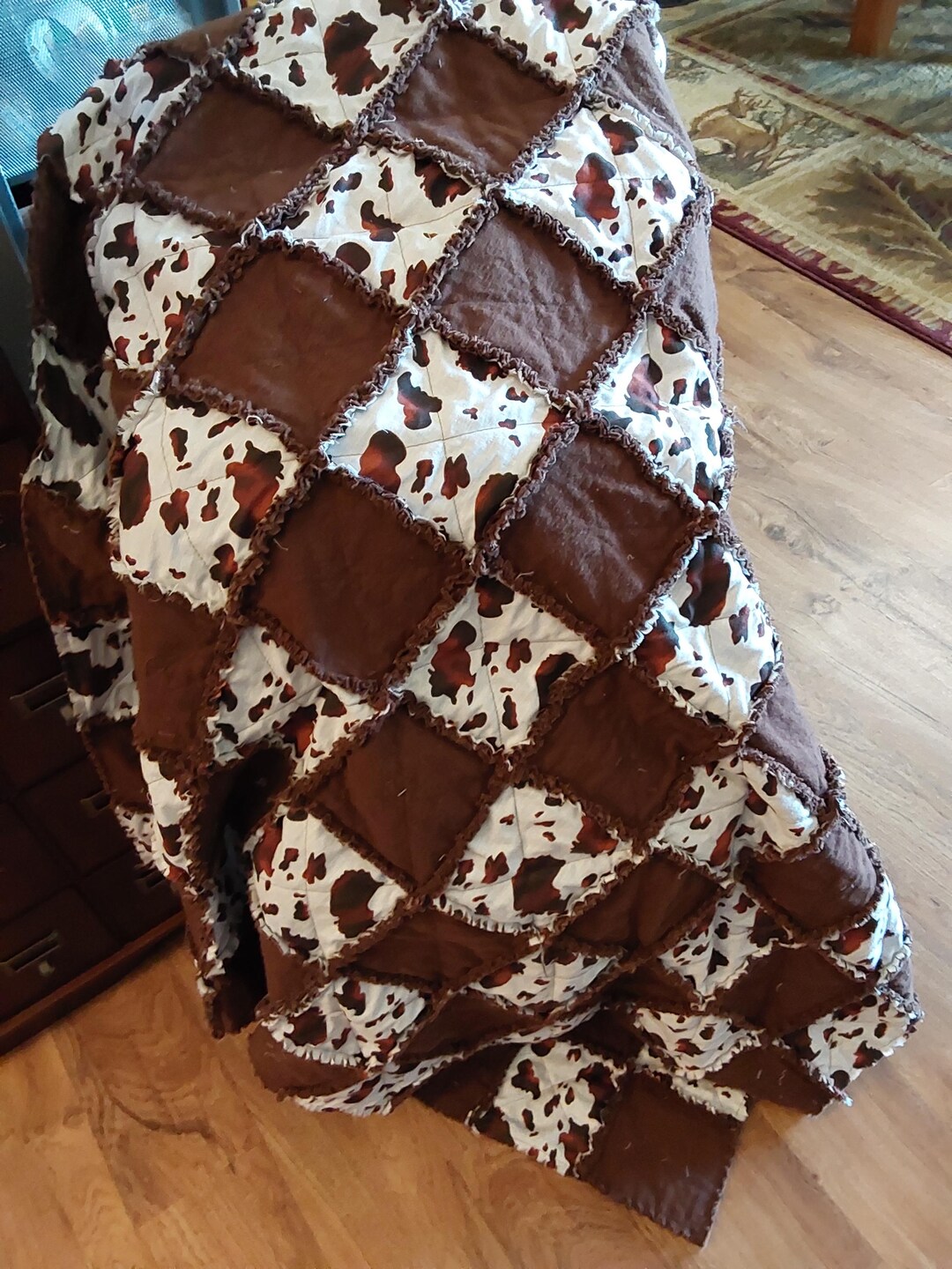 Cow Print Quilted Rag Quilt, Painted Horses Quilted Rag Quilt, Rustic ...