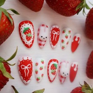 Red Strawberries and Cream With White Rabbit Picnic Nails Reusable ...