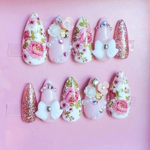 Pink Rose Print Coquette Bow Reusable Luxury Press on Nails