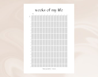 Puede incluir: Un gráfico imprimible titulado "Semanas de mi vida" con una cuadrícula de 52 columnas y 52 filas. El gráfico está diseñado para rastrear las semanas de la vida de una persona.