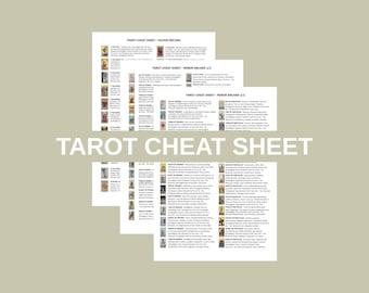 May include: A stack of tarot cheat sheets with the text "TAROT CHEAT SHEET" in large white letters. The sheets are white with black text and illustrations, including Major Arcana and Minor Arcana cards.
