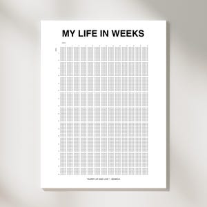 May include: A printable chart titled "My Life in Weeks" with a grid of 104 weeks, representing the average lifespan of a human. The chart is designed to help people visualize their time and make the most of their lives. The quote "Hurry up and live" - Seneca is printed at the bottom of the chart.