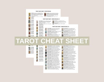 May include: A stack of tarot cheat sheets with detailed information on Major and Minor Arcana cards. The sheets are white with black text and illustrations, and the title "TAROT CHEAT SHEET" is displayed in a light green banner.