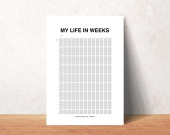 Puede incluir: Un gráfico imprimible en blanco y negro titulado "My Life in Weeks" con una cuadrícula de 104 semanas. El gráfico está diseñado para ayudar a las personas a visualizar su vida en semanas y hacer un seguimiento de su progreso.