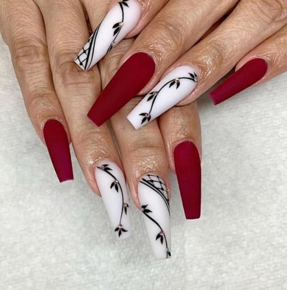 Red & White Nails With Black Leaves Gift for Her Women's Nails