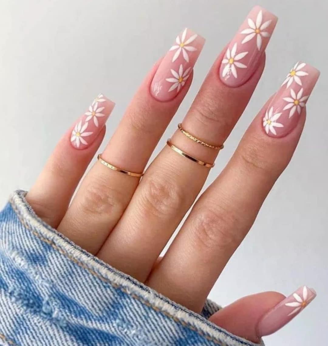 Pink Daisy Flower Summer Nails Gift for Her Women's Nails Fake Nails