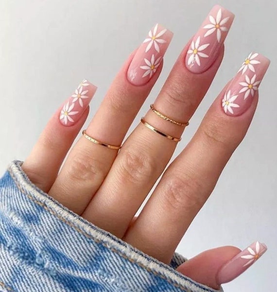 Pink Daisy Flower Summer Nails Gift for Her Women's Nails Fake
