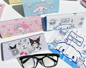 Cute Cartoon Foldable Eyeglasses Case, Kawaii Portable Magnetic Glasses Case, Japanese Protective Case with Cleaning Cloth, Hard Shell