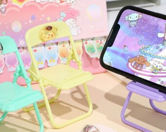 Foldable Mini Chair Shape Cell Phone Stand with Cute Characters Face, Portable Funny Cute Candy Color iPhone Holder Stand on Desk, 10*6 cm