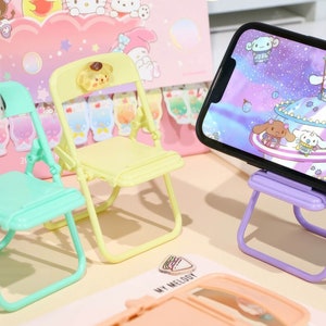 Foldable Mini Chair Shape Cell Phone Stand with Cute Characters Face, Portable Funny Cute Candy Color iPhone Holder Stand on Desk, 10*6 cm