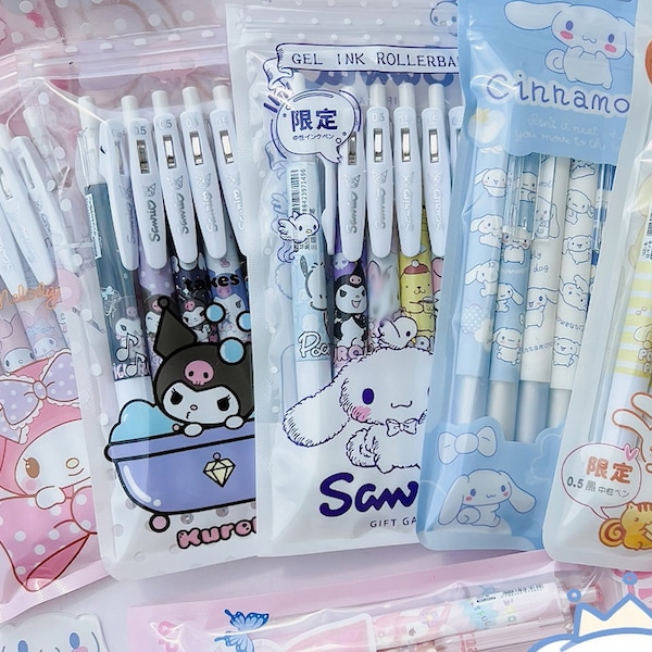 Cute Gel Pen Set of 6, Refill Set, Black Blue Ink Kawaii Girls Gift Cute Retractable Pens