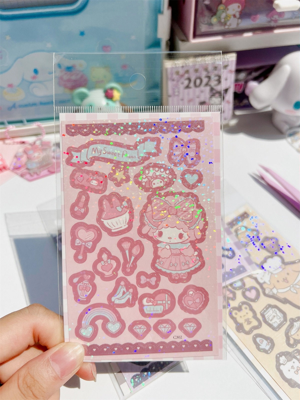 Pink Shimmer Stickers 4 Sheets Glitter, Sparkling, Japanese