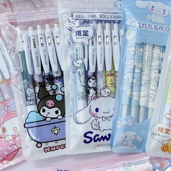 Cute Gel Pen Set of 6, Refill Set, Black Blue Ink Kawaii Girls Gift Cute Retractable Pens