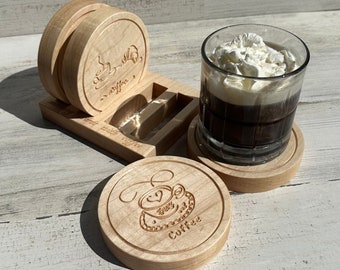 Coffee Coaster Set, Coffee Gift, Drink Coasters, Coffee Decor, Kitchen Decor, Hostess Gift, Housewarming Gift, Coffee Coasters, Wood Coaster