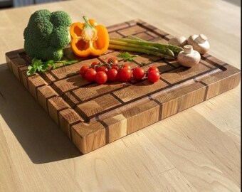 Handmade Oak Cutting Board with BRICK WALL End Grain Board with Juice Groove Oak & Walnut