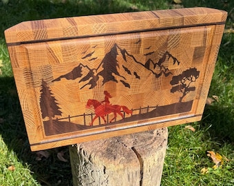 Handmade Oak Cutting Board with Horse and Mountain Inlay End Grain Board with Juice Groove Walnut & Padauk Wood Gift for Horse Lovers