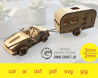 3D puzzle | Car with camper | cutfiles | CDR, AI, SVG | 3mm | 2mm