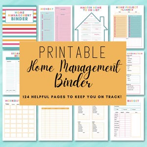 May include: Printable Home Management Binder with 124 pages to help you stay organized. The binder includes pages for a master to-do list, a home project planner, a weekly schedule, a budget tracker, a workout log, a recipe log, and an information page.