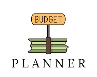 May include: A graphic illustration featuring a sign that reads "BUDGET" atop a stack of green bills, with the word "PLANNER" below. The sign is tan with brown text and a brown pole. The bills are green with brown accents.