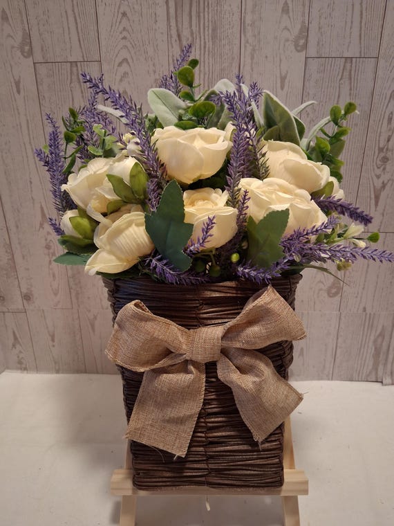 Cream Rose and Lavender Floral Arrangement, Artificial Flower Centerpiece, Farmhouse Table Decor, Faux Floral Bouquet Home Decor Gift