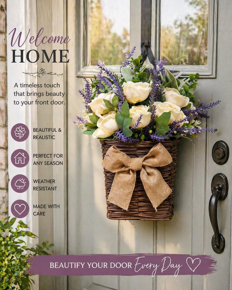 May include: A woven basket door hanging filled with cream-colored roses, purple lavender, and greenery, accented with a burlap bow. The door is painted a light green color, with the words "Welcome HOME" at the top.