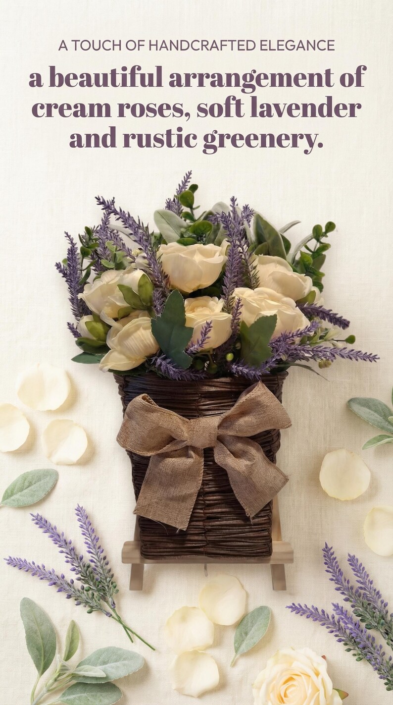May include: A floral arrangement featuring cream roses, soft lavender, and greenery in a woven basket with a burlap bow. The text reads: "A touch of handcrafted elegance, a beautiful arrangement of cream roses, soft lavender and rustic greenery."