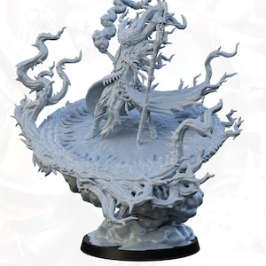 May include: A gray 3D printed miniature of a skeletal figure with a staff, standing on a base with a swirling, organic design. The figure is wearing a robe and has a skull on its staff. The base is textured and has a swirling, organic design. The miniature is titled "Acolyte of Secrets" and is a print and play miniature.