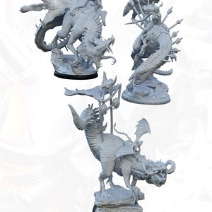 May include: Three 3D printed miniature figures of Lilith Riders, each riding a different type of dragon. The figures are gray and are posed in dynamic action poses. The figures are part of a set called "Lilith Riders" and are for tabletop gaming.