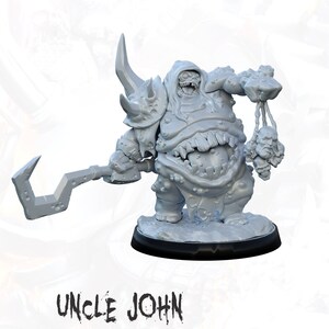 May include: A 3D printed miniature of a grotesque, fleshy creature with a large mouth, holding a skull in each hand. The creature is wearing a hooded robe and armor. The miniature is painted in a light gray color. The text "UNCLE JOHN" is printed below the miniature.