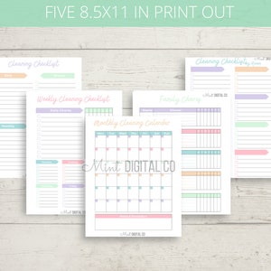 Puede incluir: Cinco listas de verificación y calendarios de limpieza imprimibles en colores pastel. Las listas de verificación incluyen tareas de limpieza diarias, semanales y mensuales. Los calendarios incluyen un calendario de limpieza mensual y una tabla de tareas familiares.