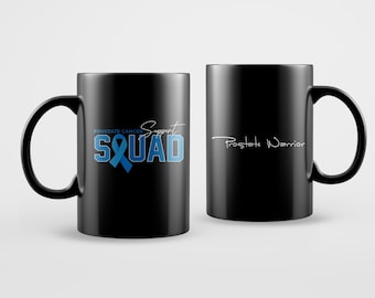 Support Squad Prostate Cancer Black Mug – Blue Ribbon Awareness Coffee Cup – Caregiver & Fighter Gift