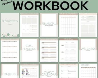 Productivity Workbook: 65 pages Daily, Weekly, Monthly Planning, To Do lists, Journal Prompts, Goal Planning,Wellness, Financial pages, more