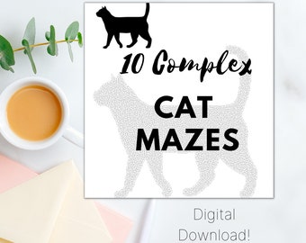 Complex Cat Maze: 10 pages download, 3 bonus, Challenging cat maze, for Adults and Teens, I love cats, hard mazes, Cat life, brain puzzle