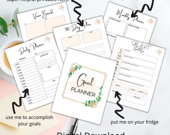 May include: Printable goal planner set with floral illustrations. Includes a vision board, 90-day plan, daily planner, monthly planner, and SMART goals worksheet.