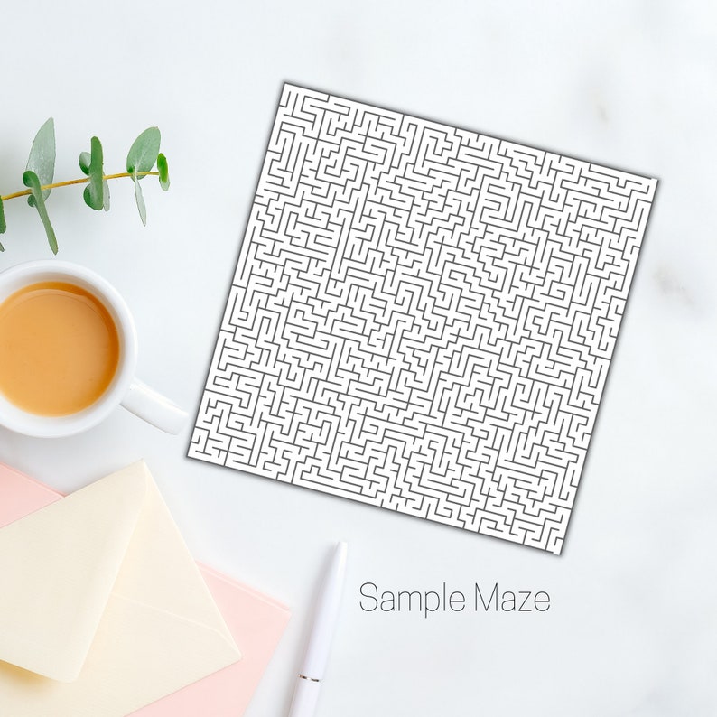 May include: A white square maze printed with a complex black line design. The words "Sample Maze" are printed in a gray font at the bottom. A cup of coffee, a pen, and envelopes are also in the image.