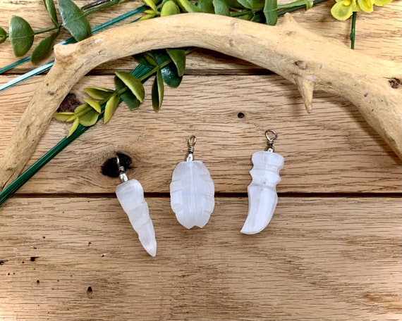 Selenite Necklace - Carved Selenite Pendant, Feldspar, Jewelry